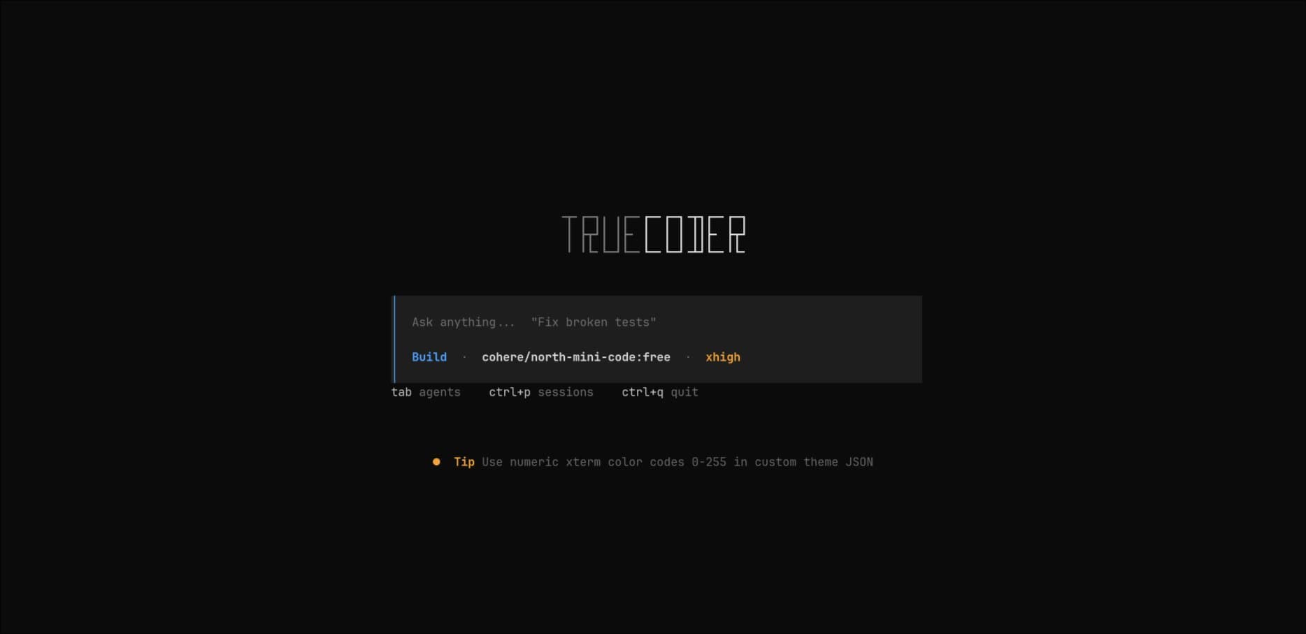 TrueCoder terminal interface showing the composer, active model, and keyboard shortcuts
